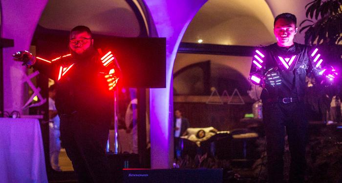 Ray Li performs with his electronic music sensor project, Veserium