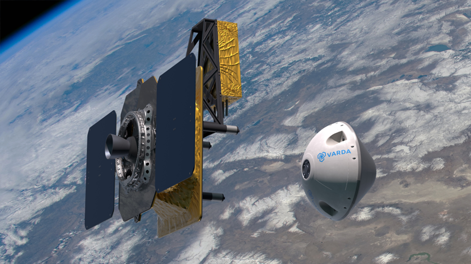 In this artist's rendering of the launch booked for April 2023, Varda Space Indstries' capsule is departing from its manufacturing satellite and heading back to Earth.